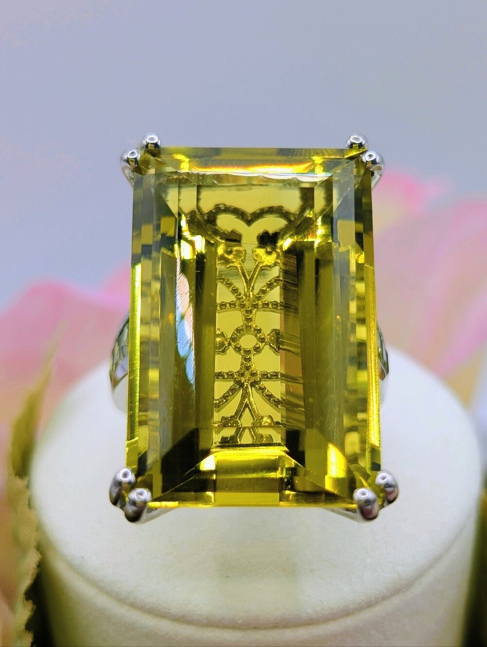 Brazilian Ouro Verde Quartz & Hebei Peridot 925 Sterling Silver Ring -46ctw